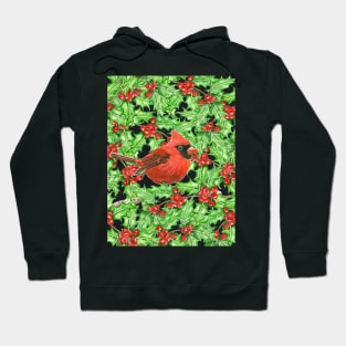 Cardinal and holly berry watercolor pattern Hoodie